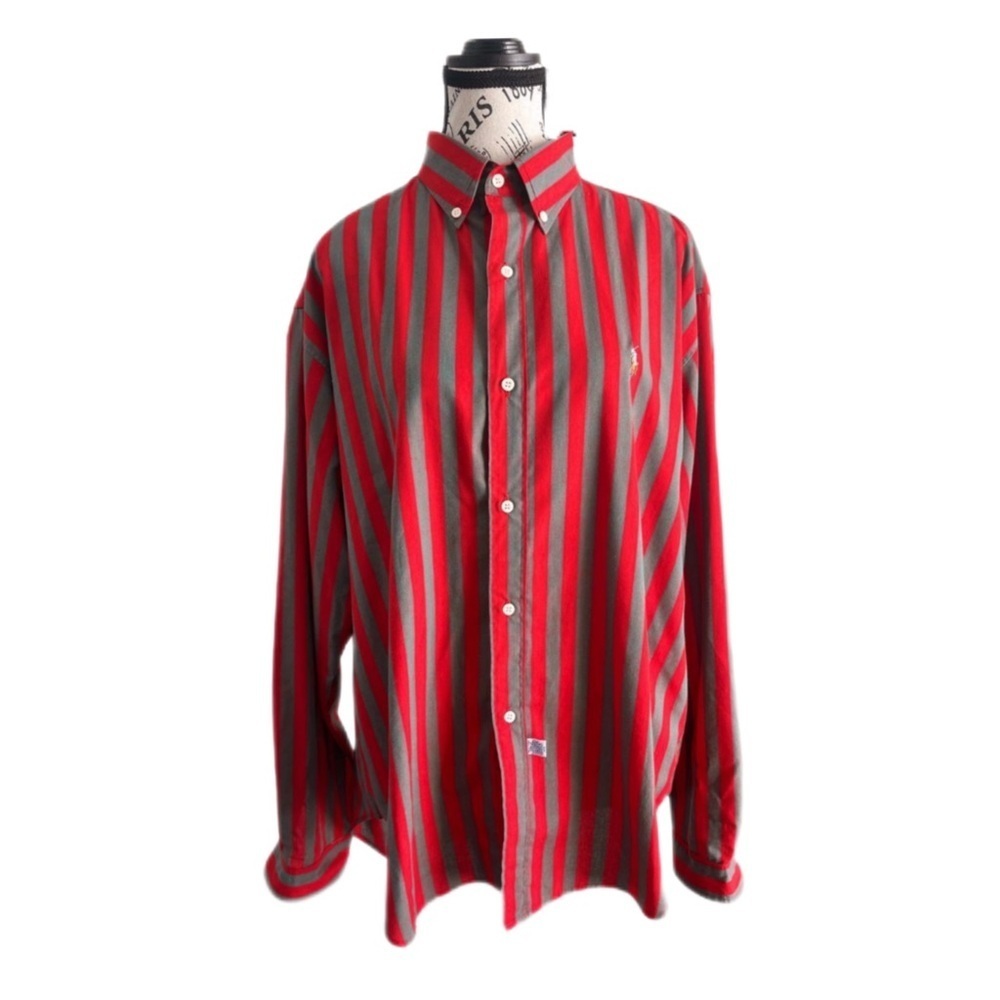 80s Vintage Polo Ralph Lauren Grey and Red Stripes Button Down Shirt Size large